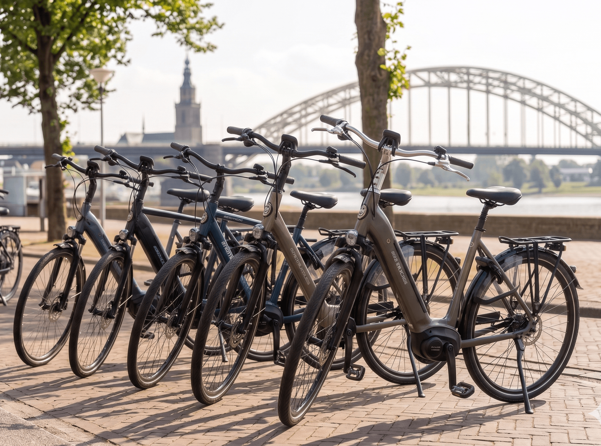 Tweedehands e-bikes klaar voor afhalen aan de Waal in Nijmegen, met de Waalbrug op de achtergrond